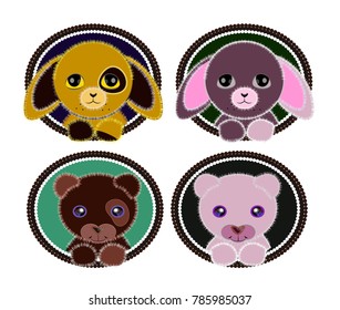 vector set of stickers isolated on whit background; pink and brown teddy bears and rabits.
