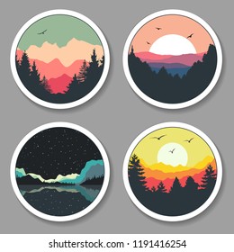 Vector Set of Stickers. Landscapes, National Parks, Outdoor Labels