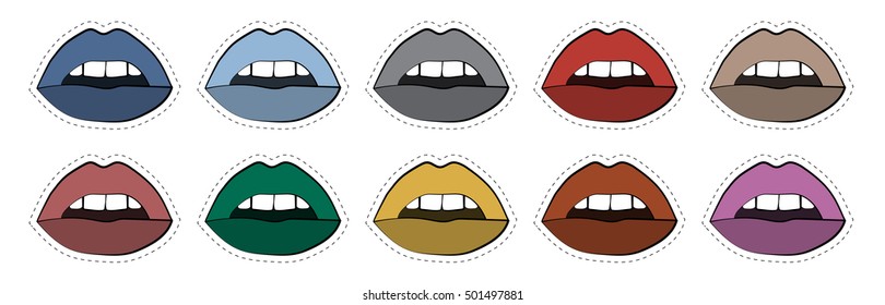Vector set of stickers lips badges in different colors 80s-90s comic style