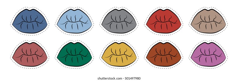 Vector set of stickers lips badges in different colors 80s-90s comic style