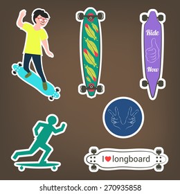 Vector set of stickers with longboards. Silhouette of man ride on longboard. Different shapes of decks. I love longboard