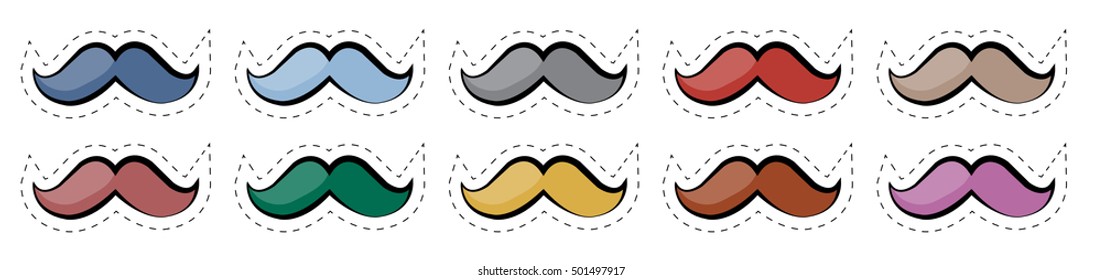 Vector set of stickers mustache badges in different colors 80s-90s comic style