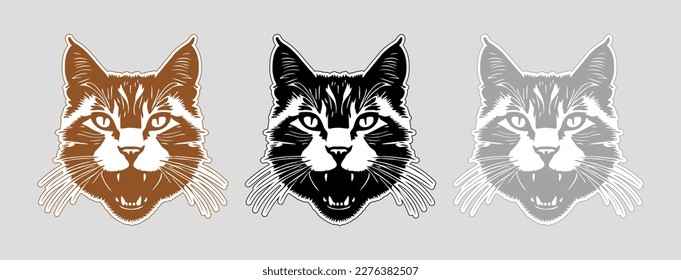 Conjunto vectorial de pegatinas. Rompecabezas de musgos con boca abierta. Gatos maullidos. Iconos, emblemas o logotipo.