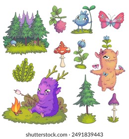 Vector set of stickers with natural details and cute cartoon characters. Hand-drawn illustrations with funny forest spirits and plants isolated on white.