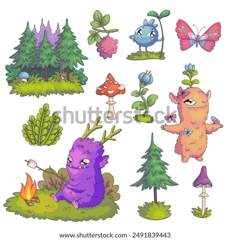 Vector set of stickers with natural details and cute cartoon characters. Hand-drawn illustrations with funny forest spirits and plants isolated on white.