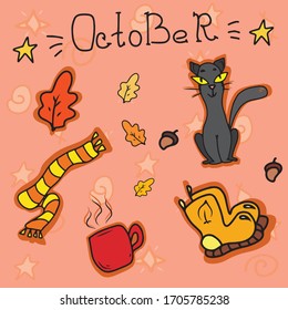 Vector set of stickers OCTOBER.Black cat, boots, scarf and mug. . Children's holiday design for the Halloween holiday for banners, postcards, gliders.