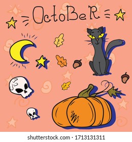 Vector set of stickers OCTOBER.Black cat, pumpkin, potsherd and moon . Children's holiday design for the Halloween holiday for banners, postcards, gliders.