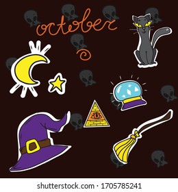 Juego de vectores OCTOBER. Gato negro, sombrero, escoba, bola de cristal, luna. Diseño de fiestas infantiles para la fiesta de Halloween para carteles, postales, planeadores.