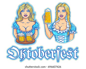 Vector set stickers for Oktoberfest. Vector illustrations of girls with beer for Oktoberfest party.