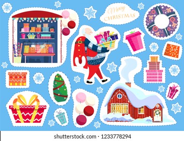 Vector set of stickers on Christmas and New Year theme. Gifts shop, Santa holding presents, gifts boxes, Christmas tree, balloons, winter countryhouse, Christmas wreath, snowflakes.