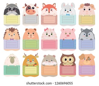 Vector set of stickers on the notebook "Forest company  2": raccoon, bull, Fox, Bunny, lamb, hedgehog, bear, cat, pig, wolf, sheep, deer, hamster, owl, dog.