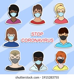 Vector set of stickers with people in medical masks, stop coronavirus
