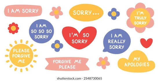 Vector set of stickers with phrases sorry, apologies. Collection of figures with apology quotes in the form of heart, sun, cloud, circle, flower on a white background. I apologize, I am so sorry.