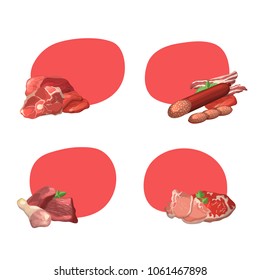 Vector set of stickers with place for text with cartoon meat elements illustration