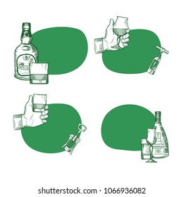 Vector set of stickers with place for text with hand drawn alcohol drink bottles and glasses illustration