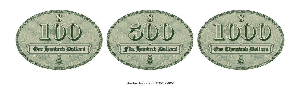 Vector set of stickers or price tags. Denominations of 100, 500 and 1000 US dollars on green ovals with guilloche grid. White isolated background