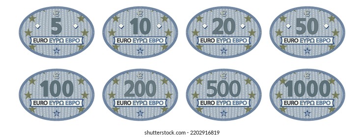 Vector set of stickers or price tags. Denominations in 5, 10, 20, 50, 100, 200, 500 and 1000 euro of the European Union on blue ovals with stars and guilloche net. White isolated background