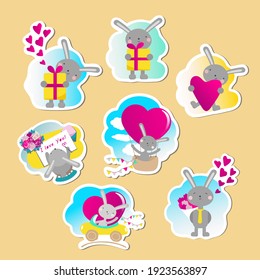 Vector set of stickers, prints, posters, cute in a kind childish style. Trendy gradients 2021. Children's illustration for postcards. Cartoon rabbits, hares with hearts in love, hand-drawn. Isolated