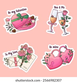 Vector set of stickers of romantic compositions. Illustration of box of chocolate, bouquet of roses, champagne glass, heart locks. Date, couple, Valentine's Day concept.