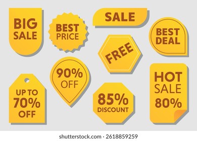 Conjunto de Vector con pegatinas para ventas y descuentos, pegatinas amarillas