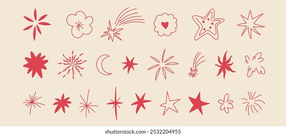 Vector set of stickers, scribbles and doodles in simple linear hand drawn style with copy space, minimal monoline design elements for posters, social media, print, banners
