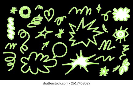 Vector set of stickers, scribbles and doodles in simple linear hand drawn style with copy space, minimal monoline design elements for posters, social media, print, banners.