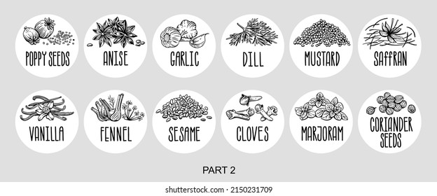 Vector set of stickers for spices.  basil, parsley, coriander, rosemary, cinnamon, chili, pepper, thyme, turmeric, black pepper, ginger, oregano, cumin, poppy, anise, garlic, dill, mustard, saffron