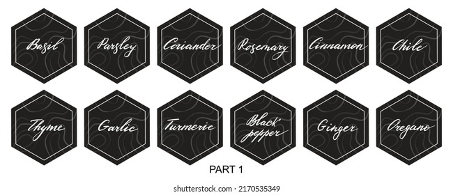 Vector set of stickers for spices.  basil, parsley, coriander, rosemary, cinnamon, chili, pepper, thyme, turmeric, black pepper, ginger, oregano, cumin, poppy, anise, garlic, dill, mustard, saffron