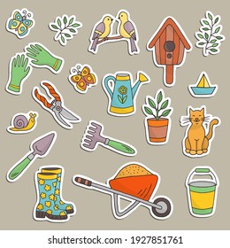 Vector set of stickers for spring gardening theme: tools, gloves, boots, wheelbarrow, bucket, watering can, birdhouse. For design and decoration