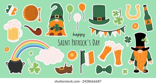 Vector set of stickers for St. Patrick's Day. Irish holiday Saint Patrick's Day. Collection with leprechauns, Irish flag and beer, clover, pot of gold and rainbow. Hand drawn illustration. Banner.