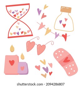 Vector set of stickers in the style of hand draw hourglass with hearts, candles, heart-shaped glasses, a patch and a jar of hearts. Valentine's Day gift and design elements for game, print, poster.