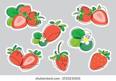Vector set of stickers with stylized berries and strawberry leaves