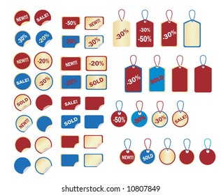 vector set of stickers and tags 2(gold, red and blue, easy to change text)