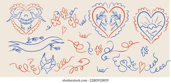 Juego vectorial de pegatinas, tatuaje. El tatuaje se dibuja con una delgada línea. Tracería brillante, paloma en el corazón, flores, paisaje, doodle. Ilustración vectorial.