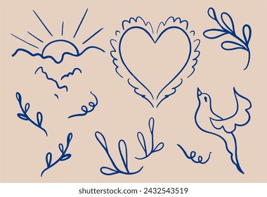 Vector conjunto de pegatinas, tatuajes. El tatuaje está dibujado con una línea delgada. Plantas, paloma, corazón, flores, puesta de sol, garabatos. Ilustración vectorial.