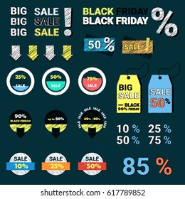 Vector set of stickers and templates for sales, discounts and promotions. Stickers are hand-drawn, chalk, colored.