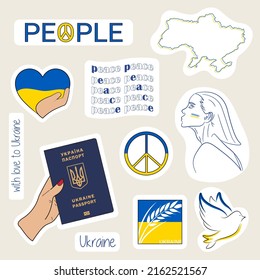 Vector set of stickers. Ukraine map, peace dove, peace sign, Ukrainian passport in hand, Ukrainian girl. Support Ukraine.