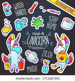 Vector set of stickers with a unicorn in the theme Covid-19. Cute rainbow illustrations of virus protection means, situations during self-isolation. Lettering stay home. Stickers for the diary.