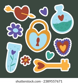 Vector set of stickers for Valentine's day Love magic flowers hearts