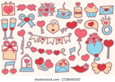 Vector conjunto de pegatinas para el día de San Valentín, boda.  Para un diseño romántico. 