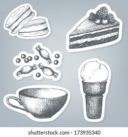 Vector set of stickers with vintage sweet cake, ice cream and teacup. Hand drawn tea time illustrations 