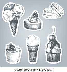 Vector set of stickers with vintage sweet cake, ice cream and teacup. Hand drawn tea time illustrations 