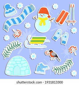 Vector set of stickers with winter items: sports, clothing, snowman, bullfinch, snowflakes. For design and decoration