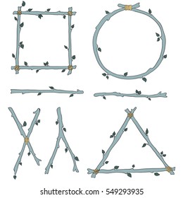 vector set of sticks and leaves in boho style. Triangle, square, circle, cross of thin branches