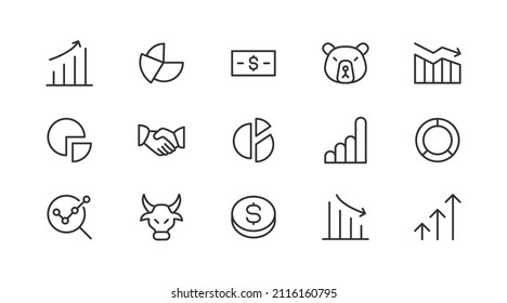Vector set of stock  thin line icons. Design of 20 stroke pictograms. Signs of stock  isolated on a white background.
