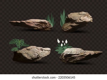 Vector set stone podium  Cosmetic display stand and nature leaves