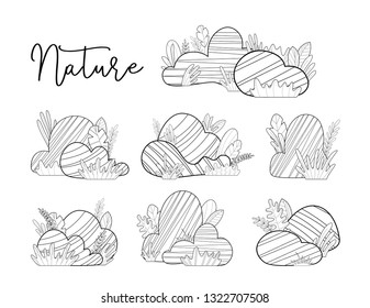 Vector set of stones. Big and small stones with grass and leaves isolated on a white background. Black and white doodles illustration. Elements for your design.