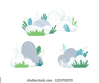 Vector set of stones. Various stones with grass and leaves on a white background. Nature flat elements for your design.