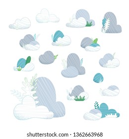 Vector set of stones. Various stones with grass and leaves on a white background. Flat illustration with linear elements.