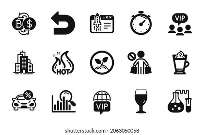 Vector set of Stop shopping, Latte coffee and Car leasing icons simple set. Skyscraper buildings, Search and Bitcoin exchange icons. Start business, Vip internet and Timer signs. Vector